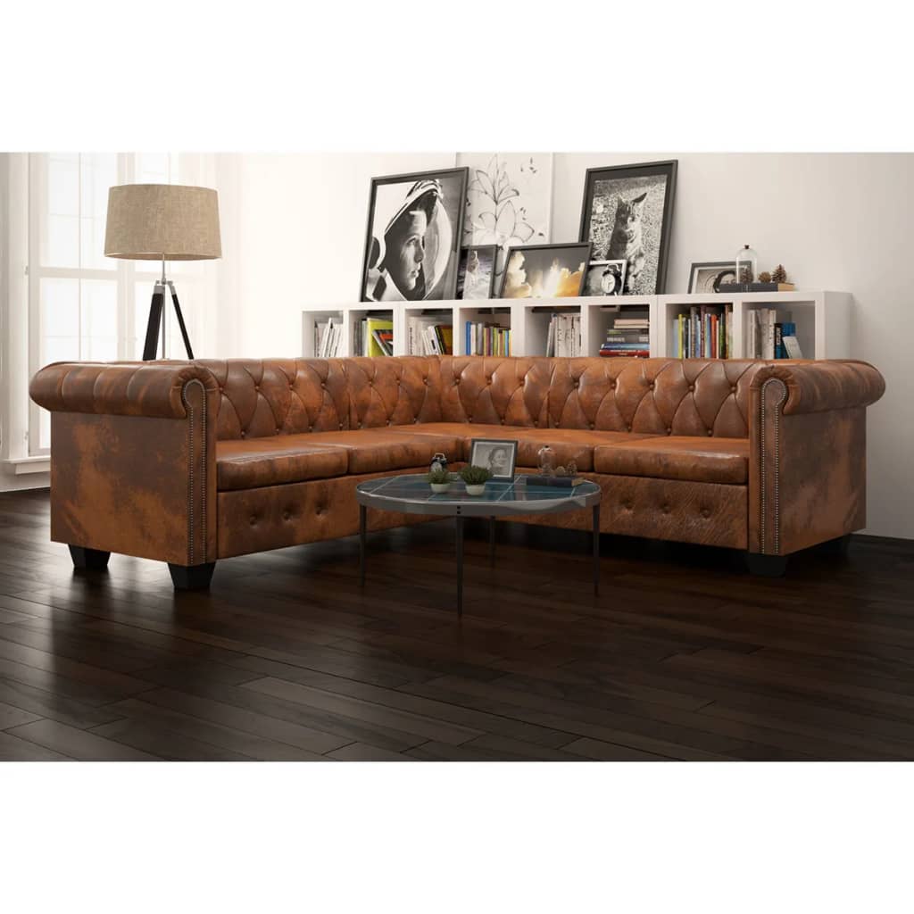 Chesterfield-Ecksofa 5-Sitzer Kunstleder Braun