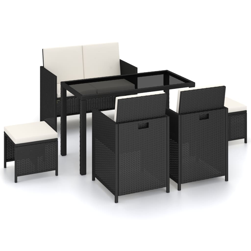 6-tlg. Garten-Essgruppe mit Auflagen Poly Rattan Schwarz