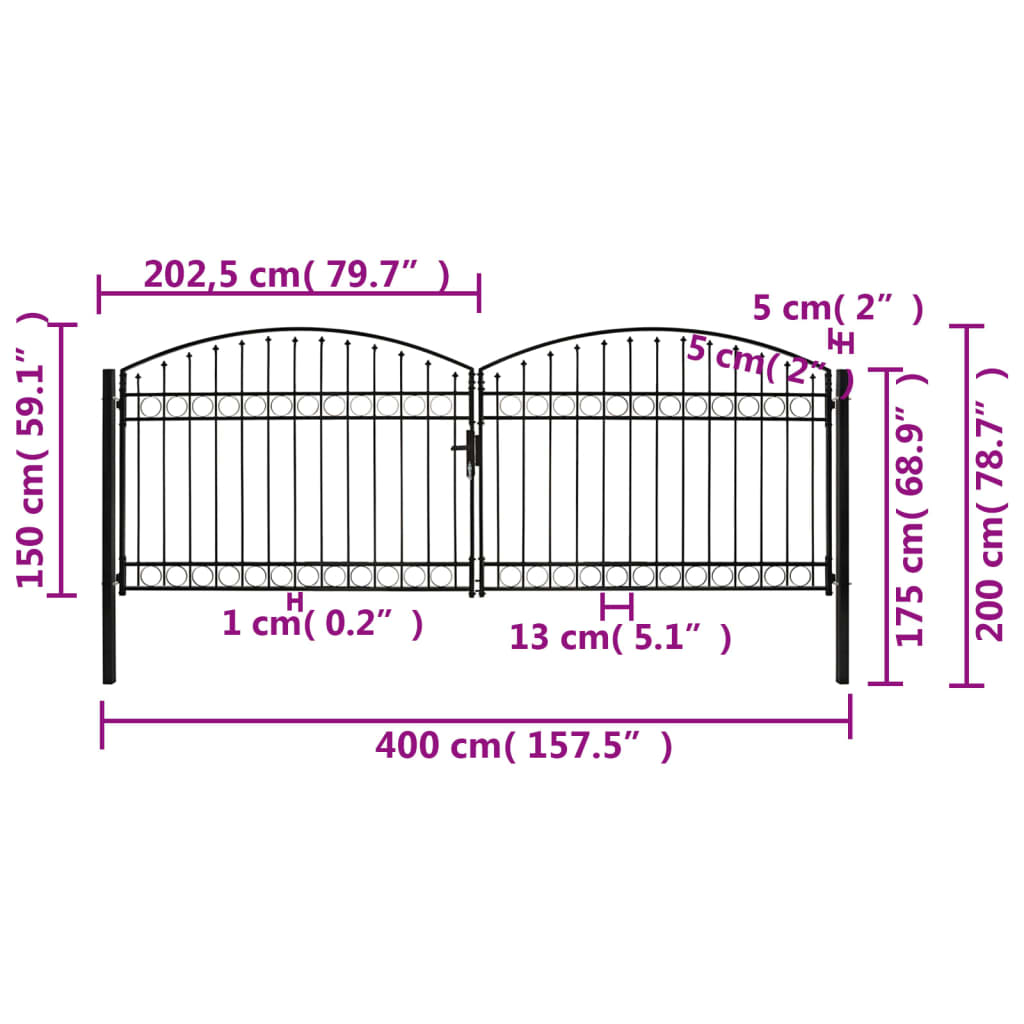 Zauntor Doppelflügel Gewölbte Spitze Stahl 400 x 150 cm Schwarz