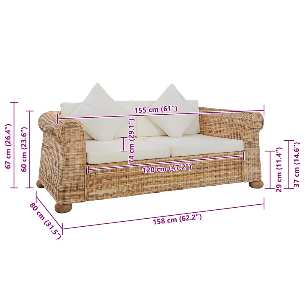 2-Sitzer-Sofa mit Kissen Natur Rattan