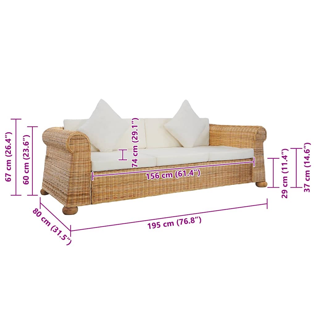 3-Sitzer-Sofa mit Kissen Natur Rattan