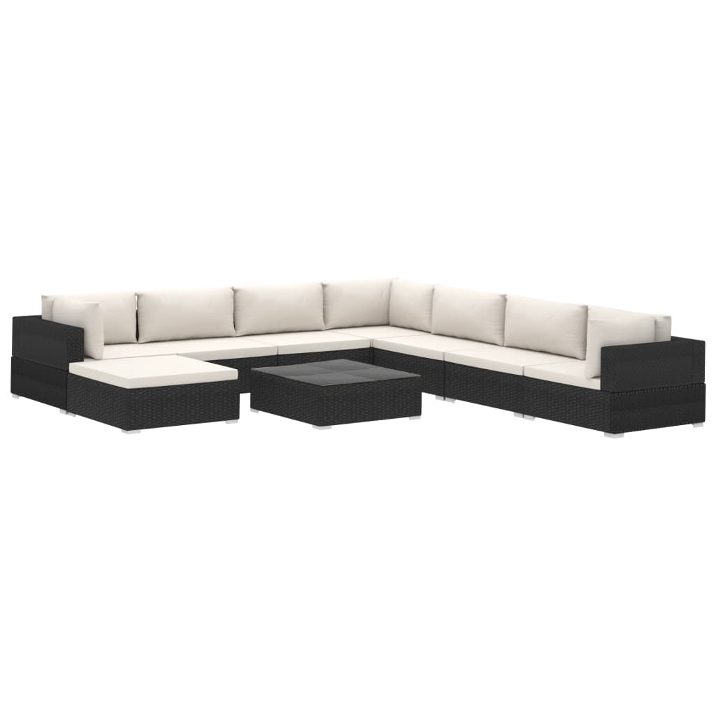 9-tlg. Garten-Lounge-Set mit Auflagen Poly Rattan Schwarz
