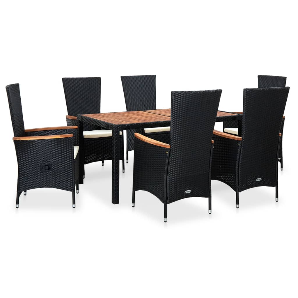 7-tlg. Garten-Essgruppe Poly Rattan Akazienholz Schwarz