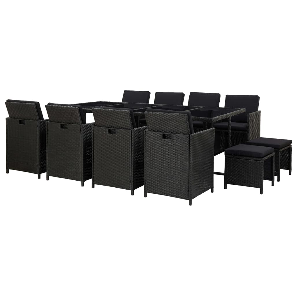 13-tlg. Garten-Essgruppe mit Auflagen Poly Rattan Schwarz