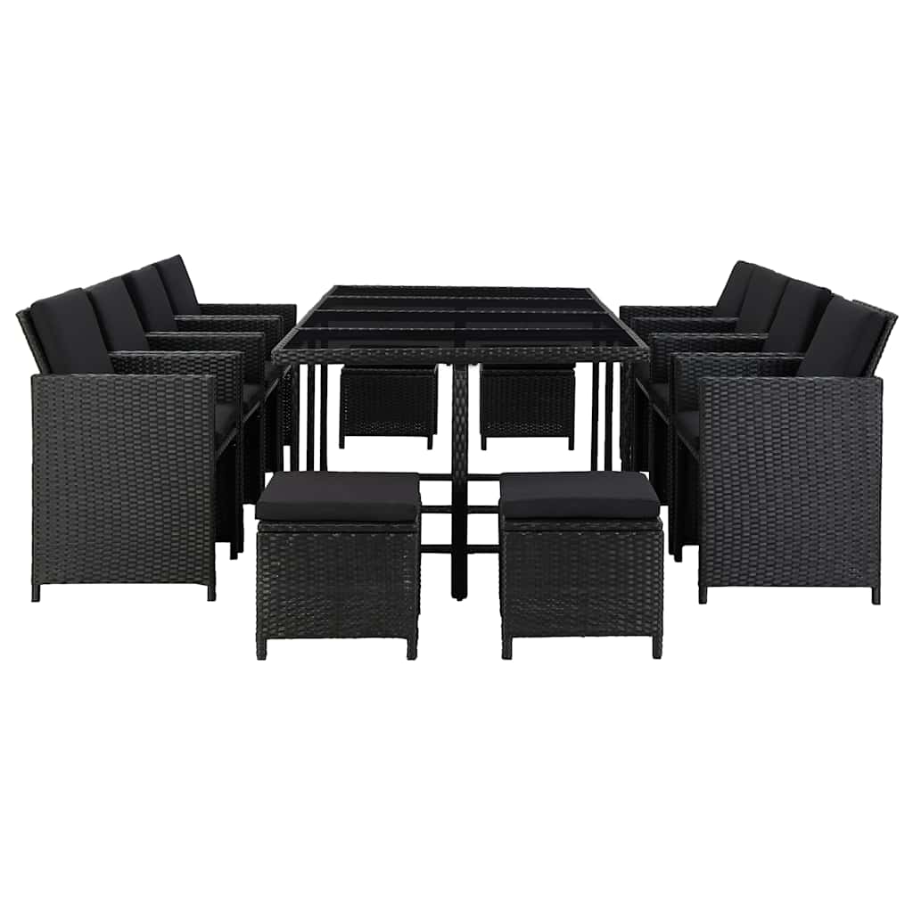13-tlg. Garten-Essgruppe mit Auflagen Poly Rattan Schwarz