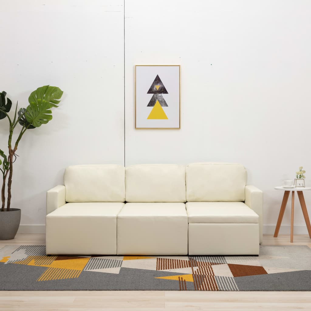 Modulares 3-Sitzer Schlafsofa Creme Kunstleder