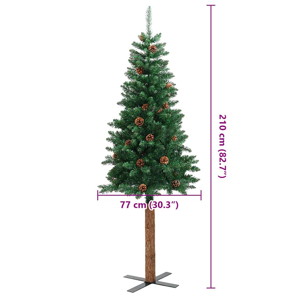 Weihnachtsbaum Schlank mit Echtholz und Zapfen Grün 210 cm PVC