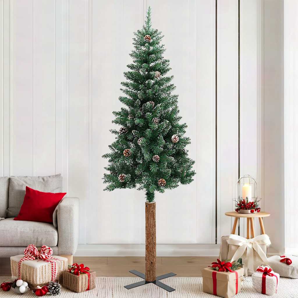Weihnachtsbaum Schlank mit Echtholz und Schnee Grün 210 cm
