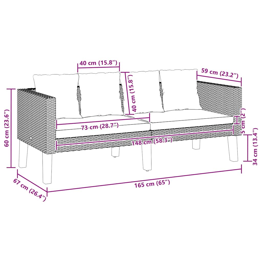 2-Sitzer-Gartensofa mit Auflagen Poly Rattan Schwarz