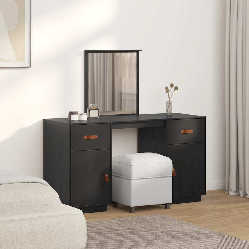 Schminktisch-Set mit Spiegel Schwarz Massivholz Kiefer