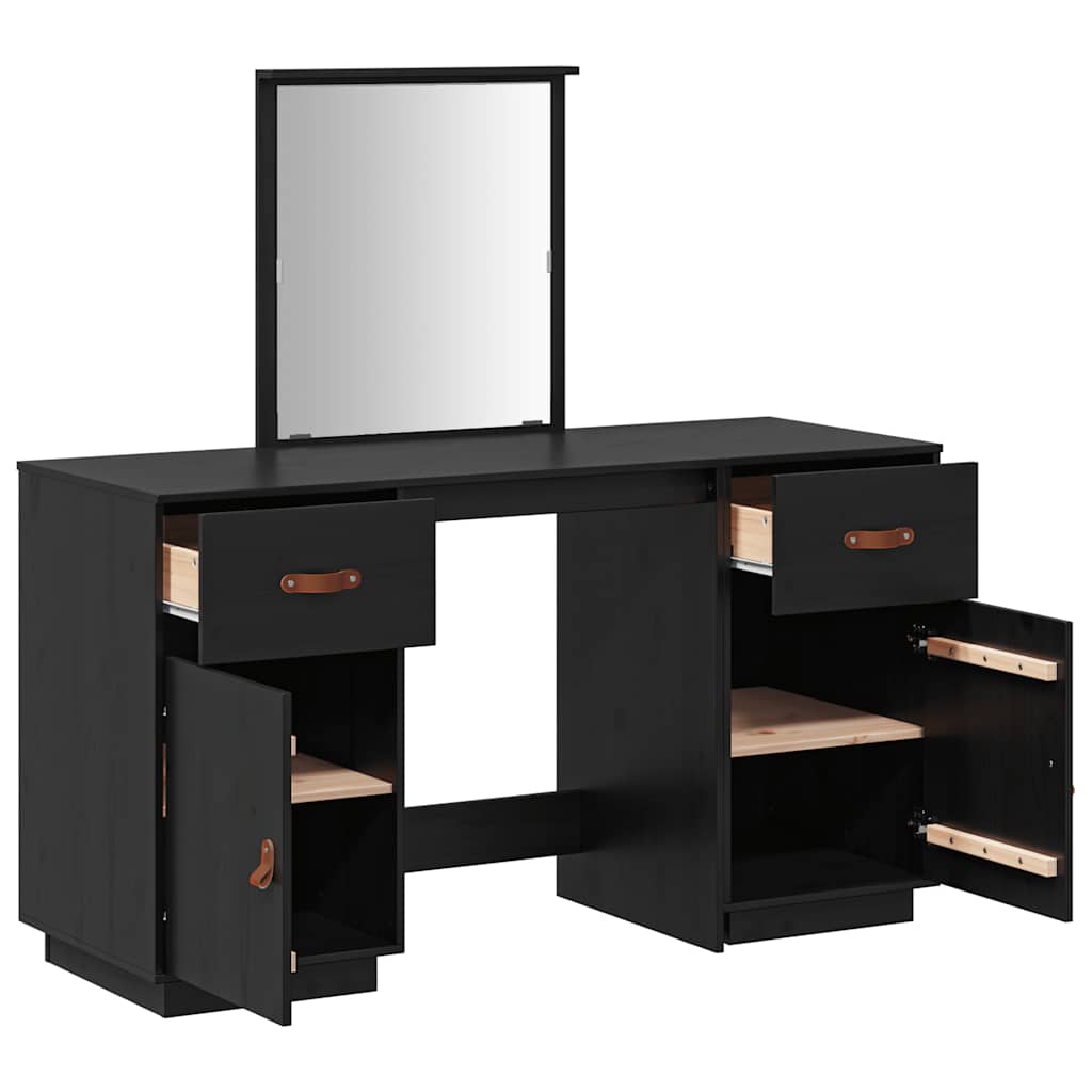 Schminktisch-Set mit Spiegel Schwarz Massivholz Kiefer