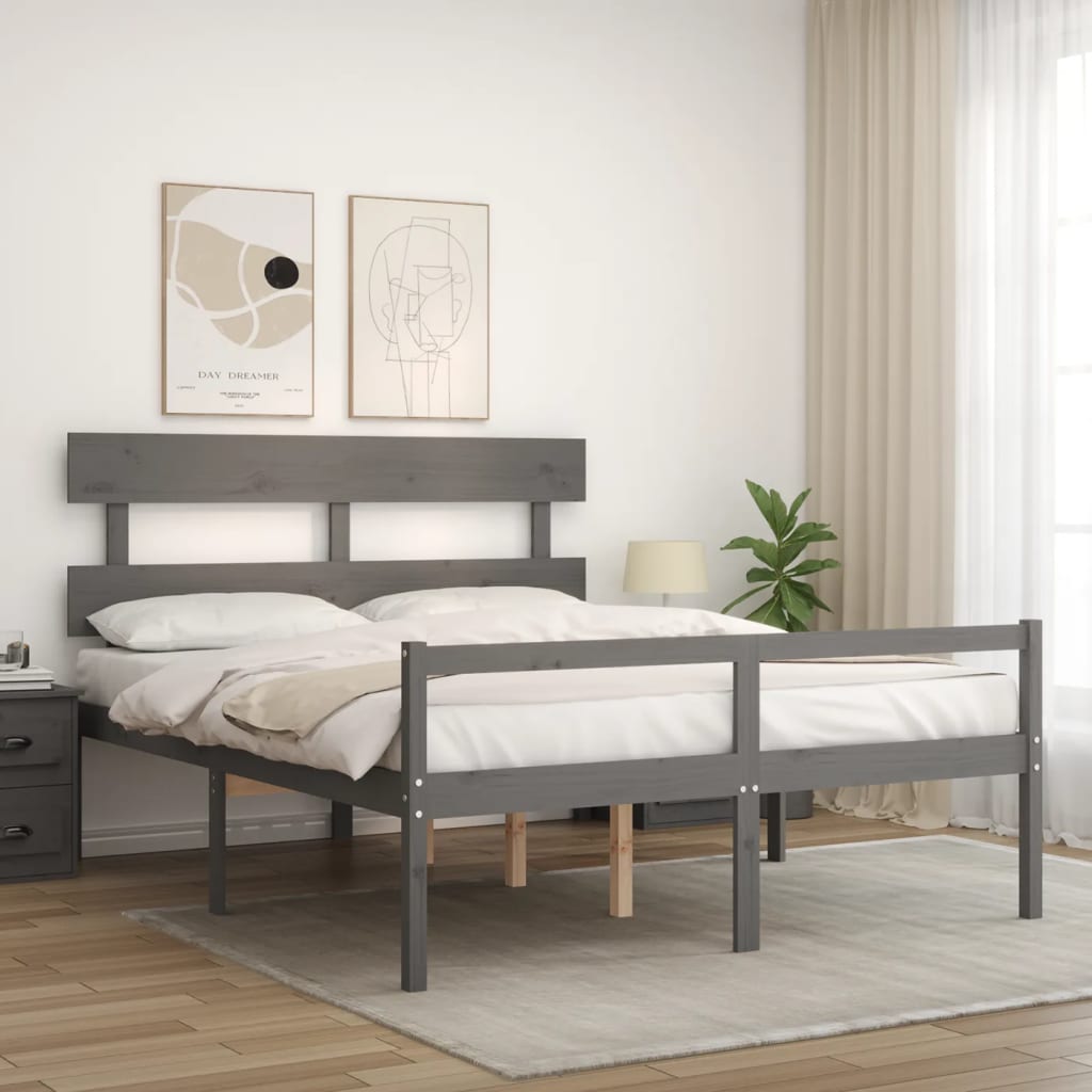 Seniorenbett mit Kopfteil Grau Kingsize Massivholz