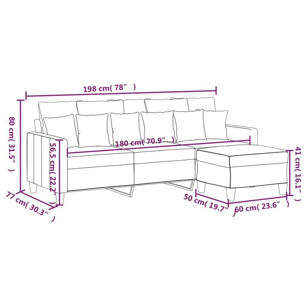 3-Sitzer-Sofa mit Hocker Schwarz 180 cm Stoff