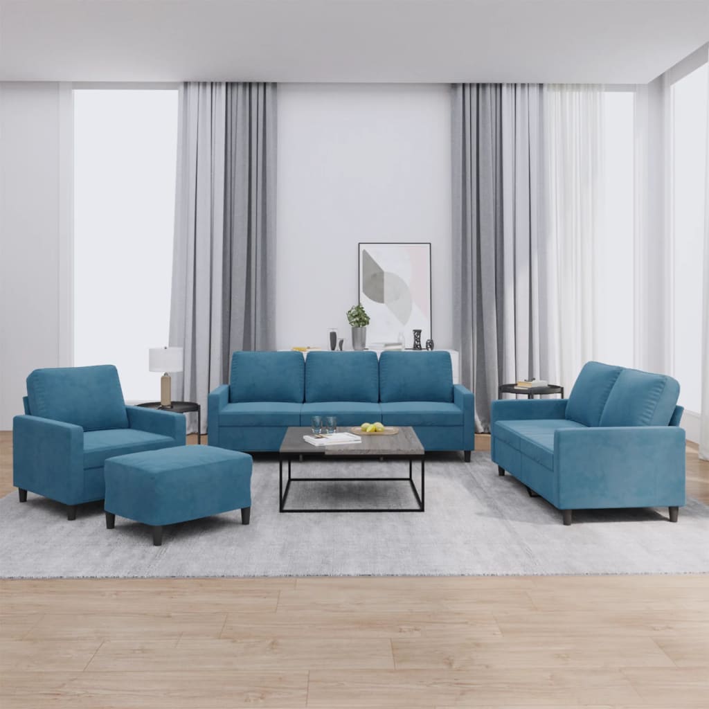 4-tlg. Sofagarnitur mit Kissen Blau Samt