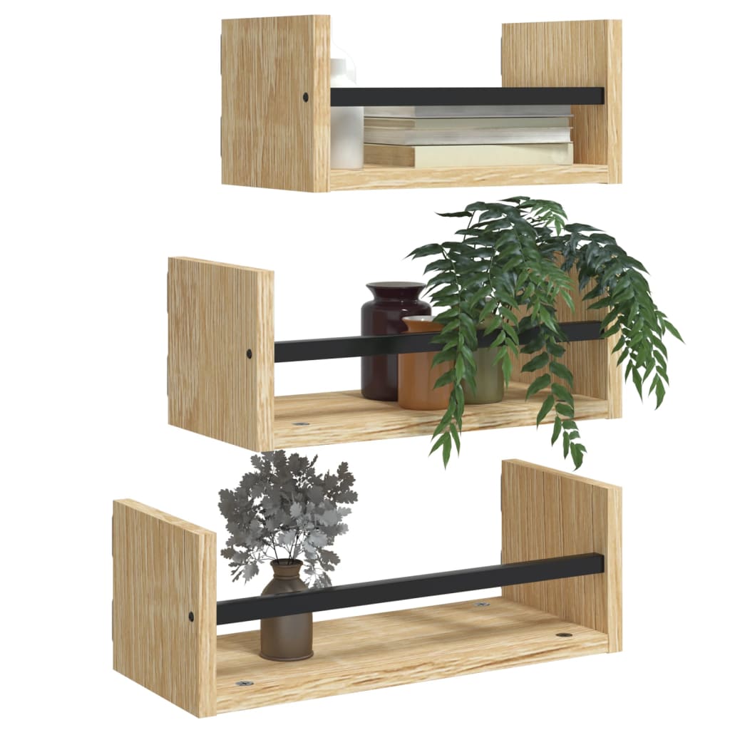 3-teiliges Wandregal-Set mit Stangen Sonoma-Eiche Holzwerkstoff