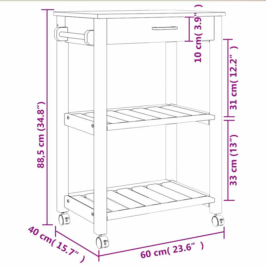 Küchenwagen MONZA 60x40x88,5 cm Massivholz Kiefer