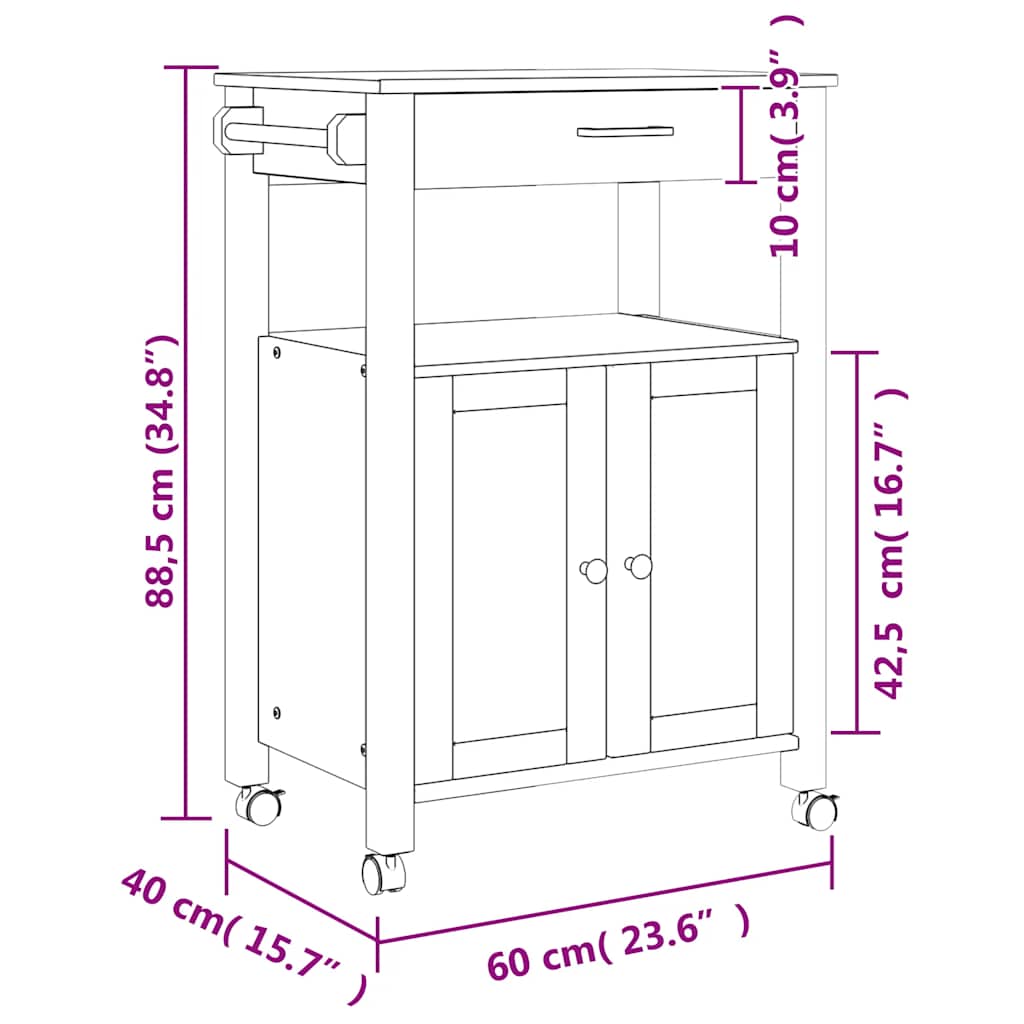 Küchenwagen MONZA 60x40x88,5 cm Massivholz Kiefer