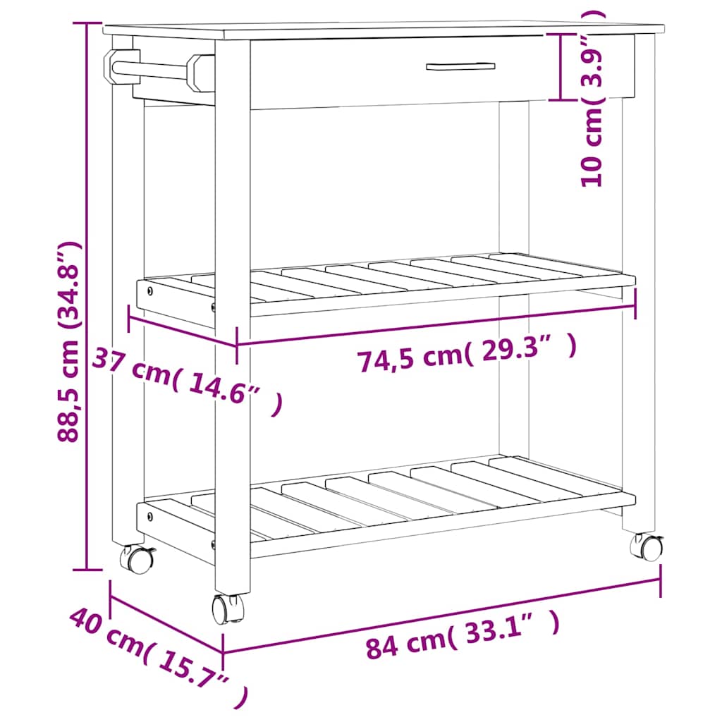Küchenwagen MONZA 84x40x88,5 cm Massivholz Kiefer