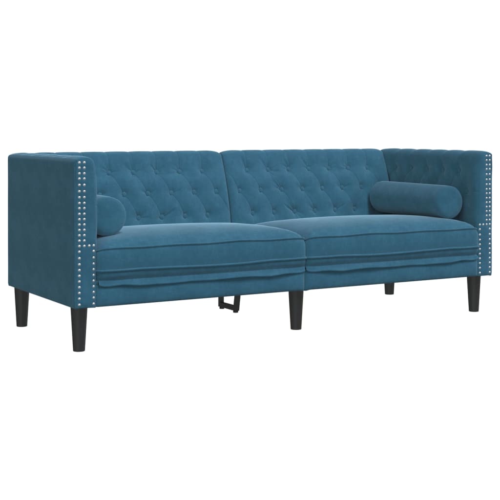 3-tlg. Chesterfield-Sofa-Set mit Nackenrollen Blau Samt