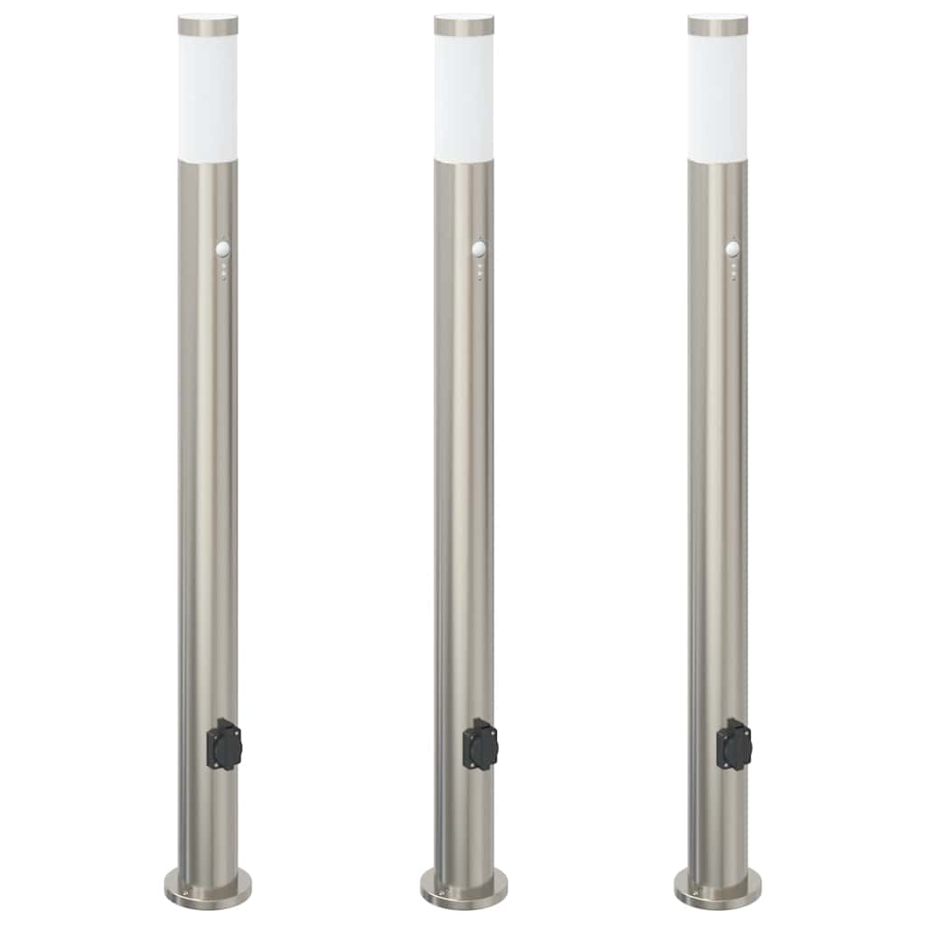 Pollerleuchten mit Sensor&Steckdose 3er 110 cm Edelstahl IP44