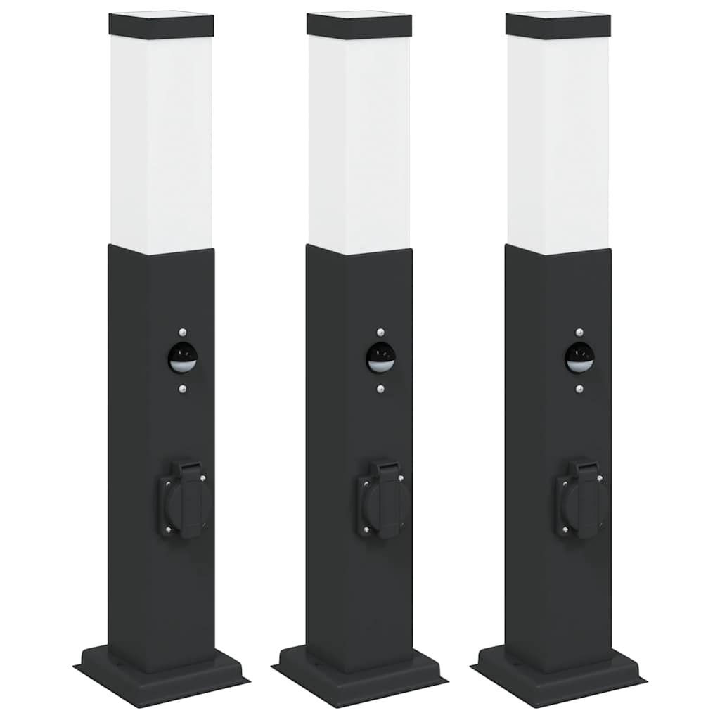 Pollerleuchten mit Sensor&Steckdose 3 Stk. 50 cm Schwarz IP44