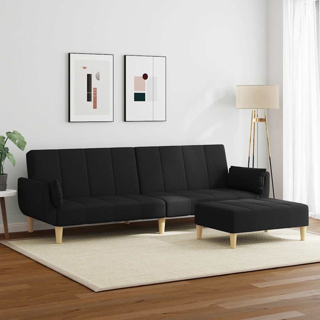 Schlafsofa 2-Sitzer mit Fußhocker Schwarz Stoff