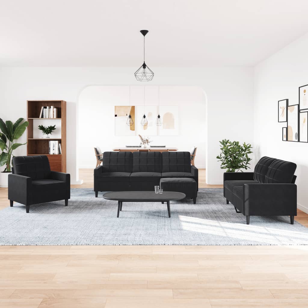 4-tlg. Sofagarnitur mit Kissen Schwarz Samt