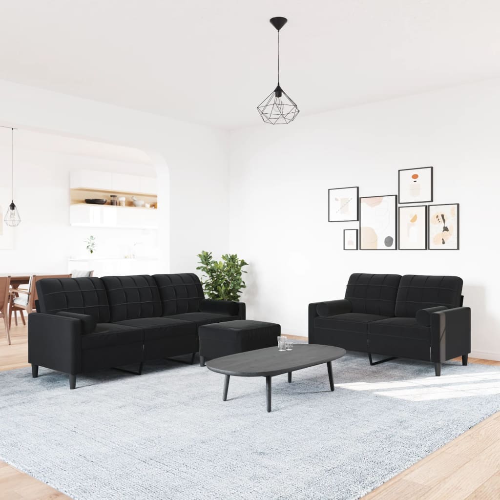 3-tlg. Sofagarnitur mit Kissen und Nackenrollen Schwarz Samt