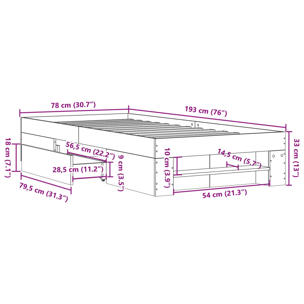 Bettgestell ohne Matratze Braun Eiche 75x190 cm Holzwerkstoff