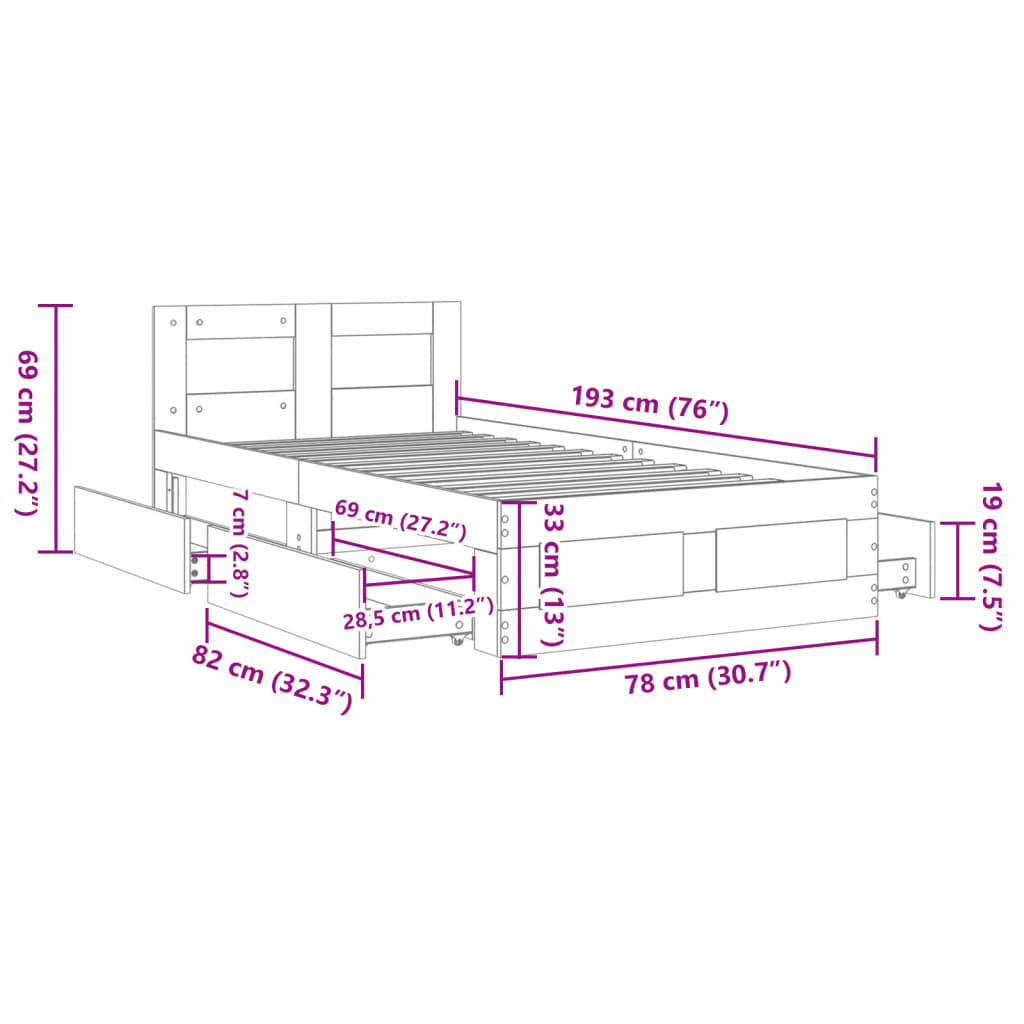 Bettgestell mit Kopfteil ohne Matratze Weiß 75x190 cm