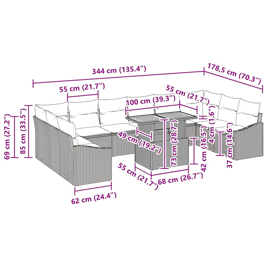 Garten Essgruppe mit Kissen mit Kissen 11 pcs Schwarz und Braun