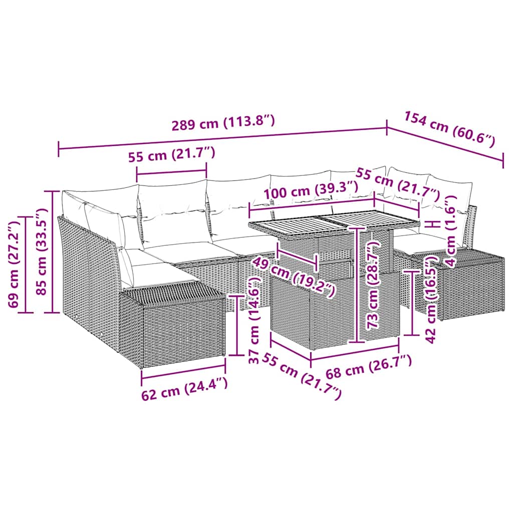 Garten Essgruppe mit Kissen mit Kissen 8 pcs Schwarz und Creme