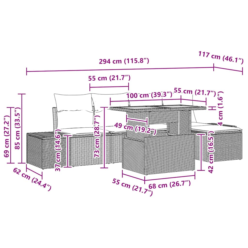Garten Essgruppe mit Kissen 6 pcs Schwarz und Braun