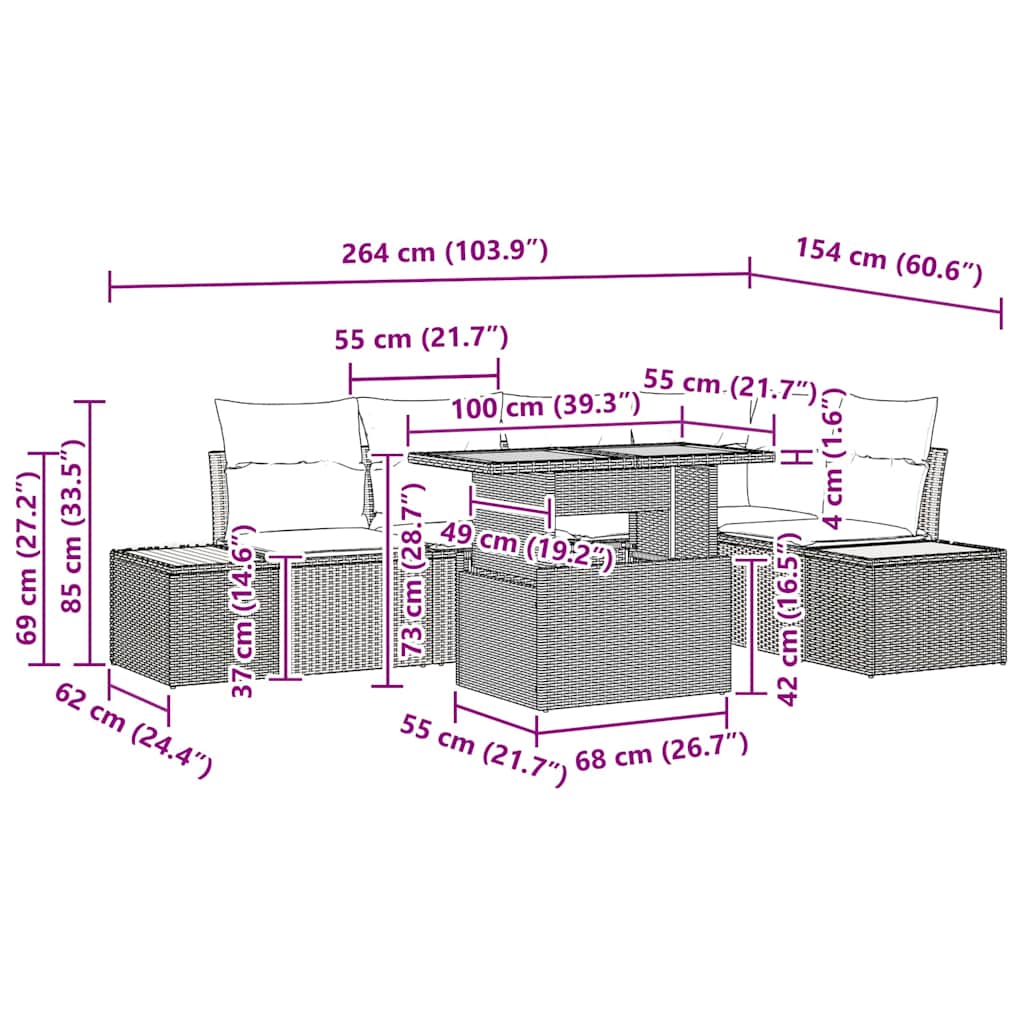 Garten Essgruppe mit Kissen mit Kissen 6 pcs Grau und Braun
