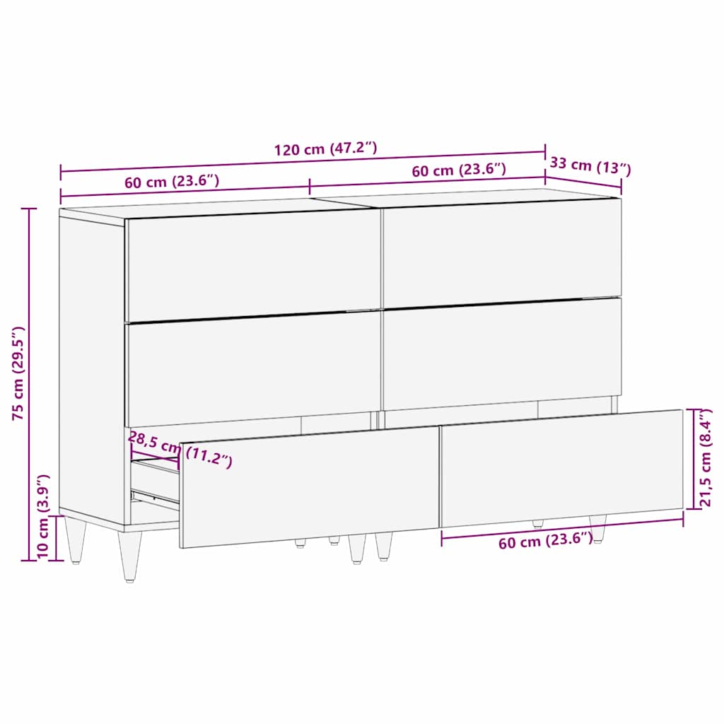 Sideboard 2 pcs Weiß 60 x 33 x 75 cm massives Mangoholz