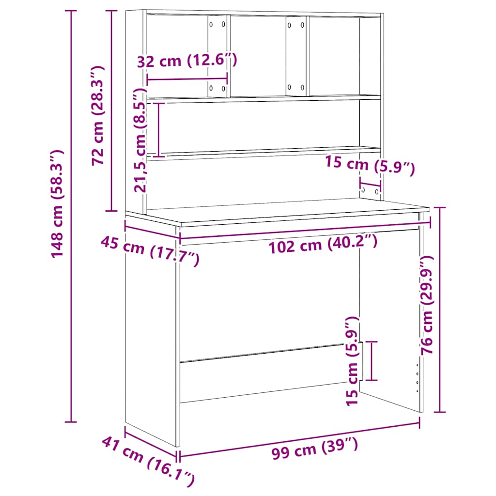 Schreibtisch mit Regal Artisan-Eiche 102x45x148cm Holzwerkstoff