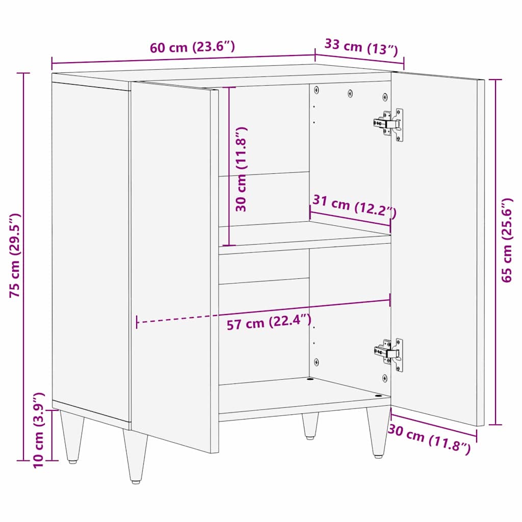 Sideboard mit Regal Weiß 60 x 33 x 75 cm massives Mangoholz
