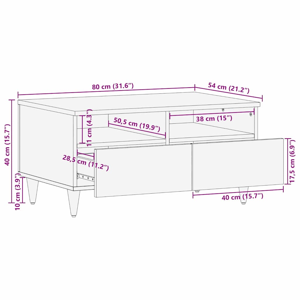 Couchtisch mit Regal Weiß 80 x 54 x 40 cm massives Mangoholz