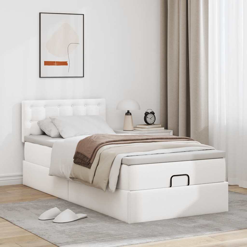 Ottoman-Bett mit Matratzen & LEDs Reinweiß 90x200 cm Kunstleder