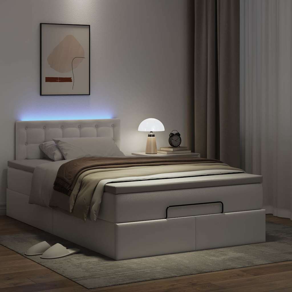 Ottoman-Bett mit Matratzen & LEDs Reinweiß 120x190cm Kunstleder