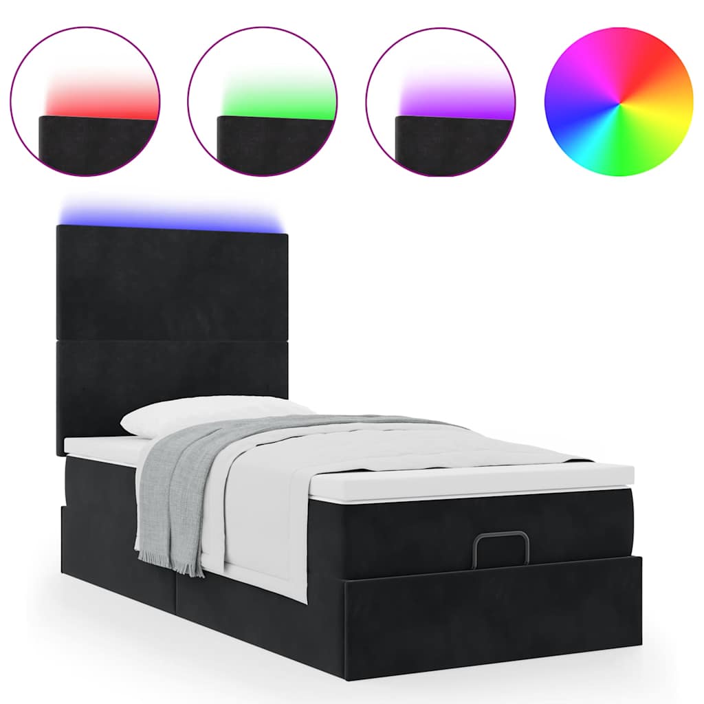Ottoman-Bett mit Matratzen & LEDs Schwarz 90x200 cm Samt