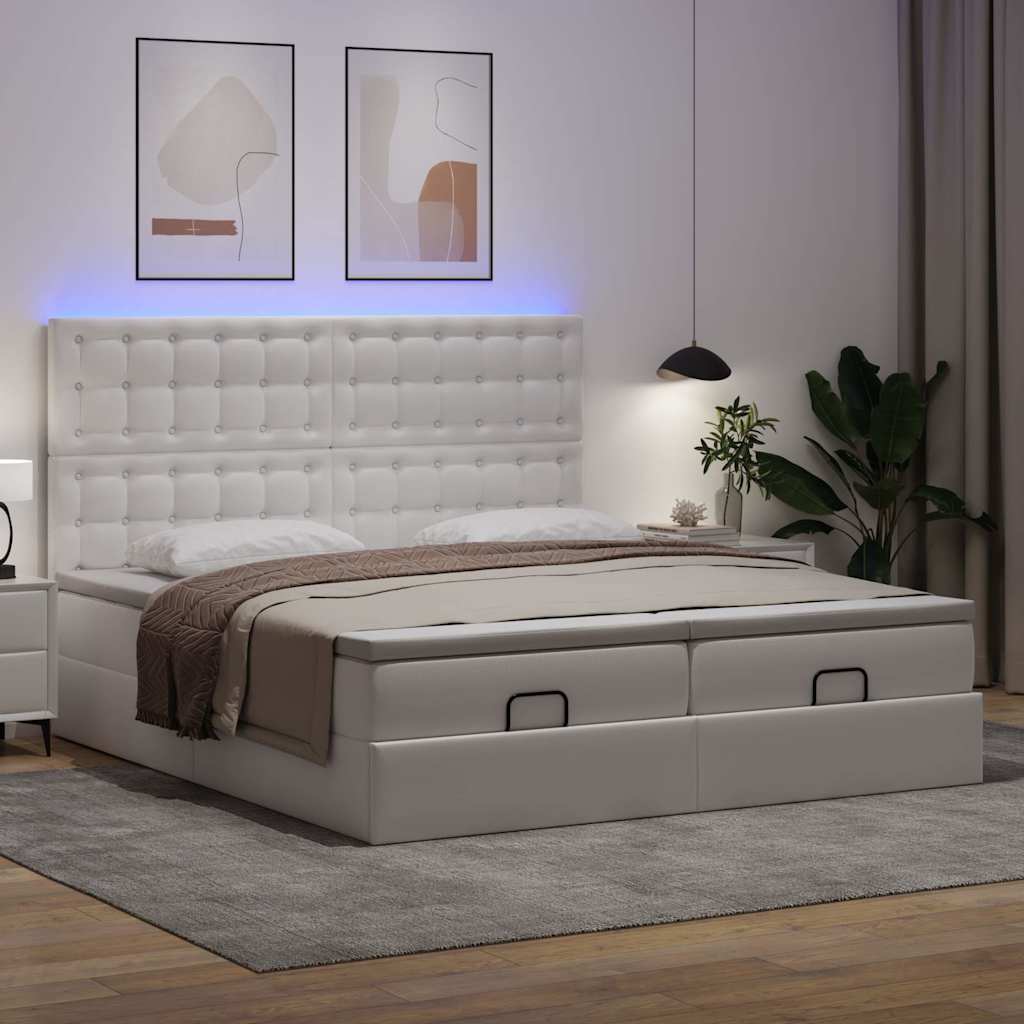 Ottoman-Bett mit Matratzen & LEDs Reinweiß 180x200cm Kunstleder