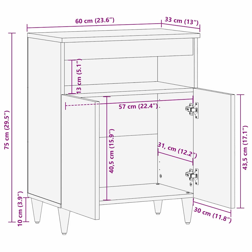 Sideboard mit Regal Braun 60 x 33.5 x 75 cm Massivholz Mango