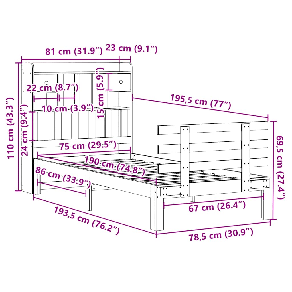 Bücherregalbett ohne Matratze 75x190 cm Massivholz Kiefer