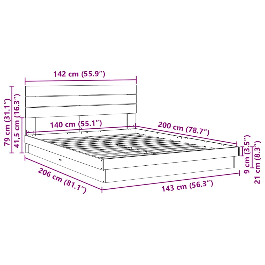 Massivholzbett mit Kopfteil ohne Matratze 140x200 cm Eichenholz