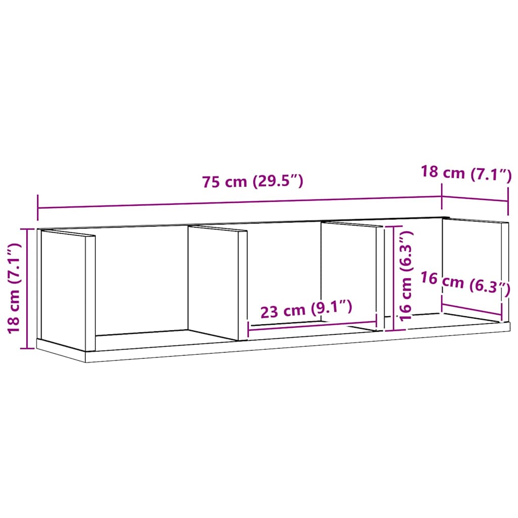 Wandregal Schwarz Eichen-Optik 75 x 18 x 18 cm Holzwerkstoff