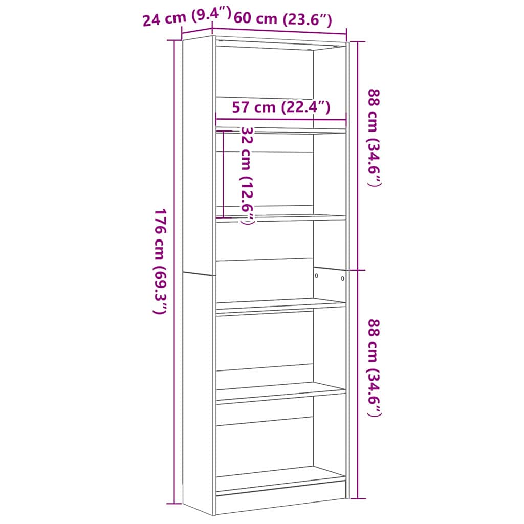 Bücherregal Schwarz Eichen-Optik 60 x 24 x 176 cm Holzwerkstoff