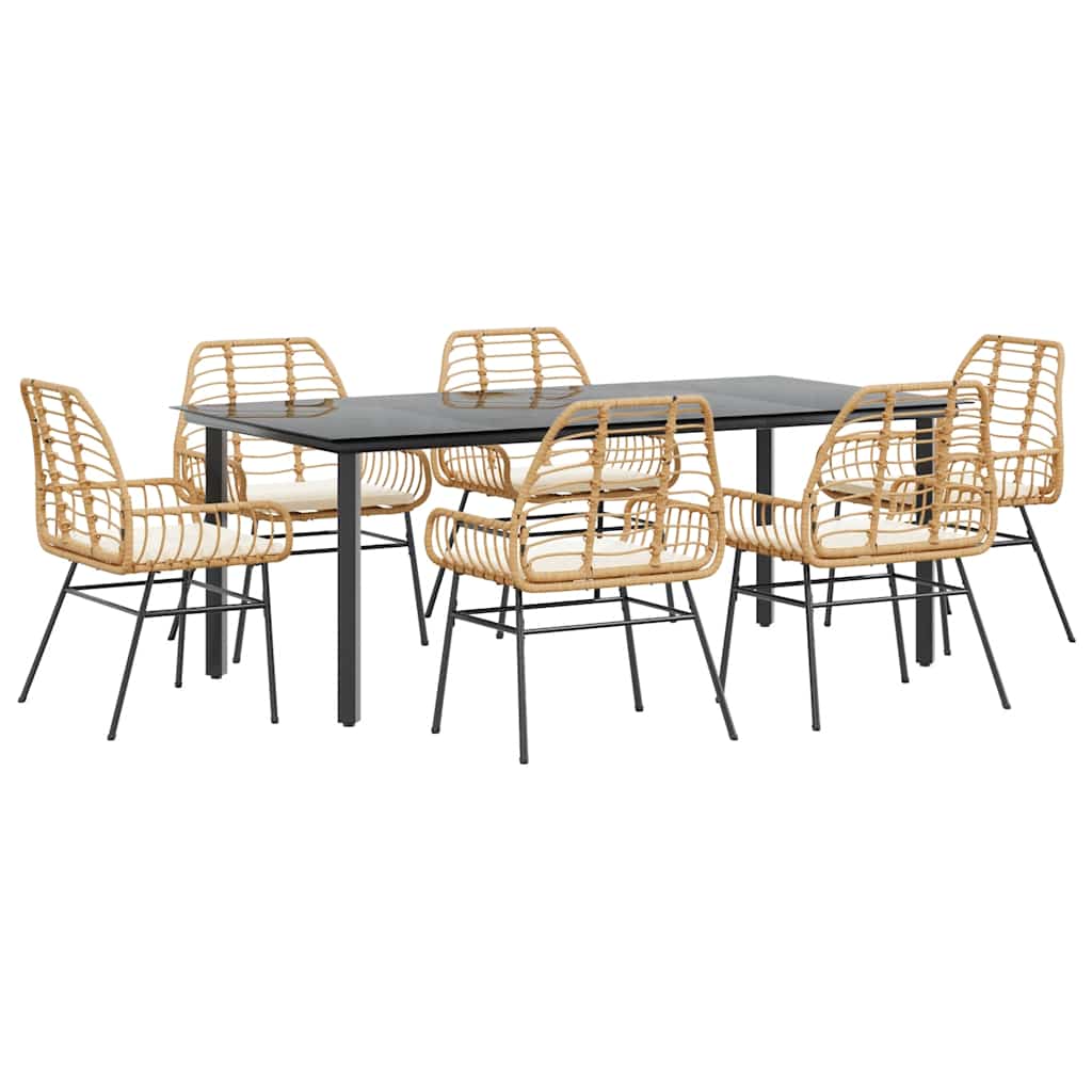 7-tlg. Garten-Essgruppe mit Kissen Braun Poly Rattan Glas