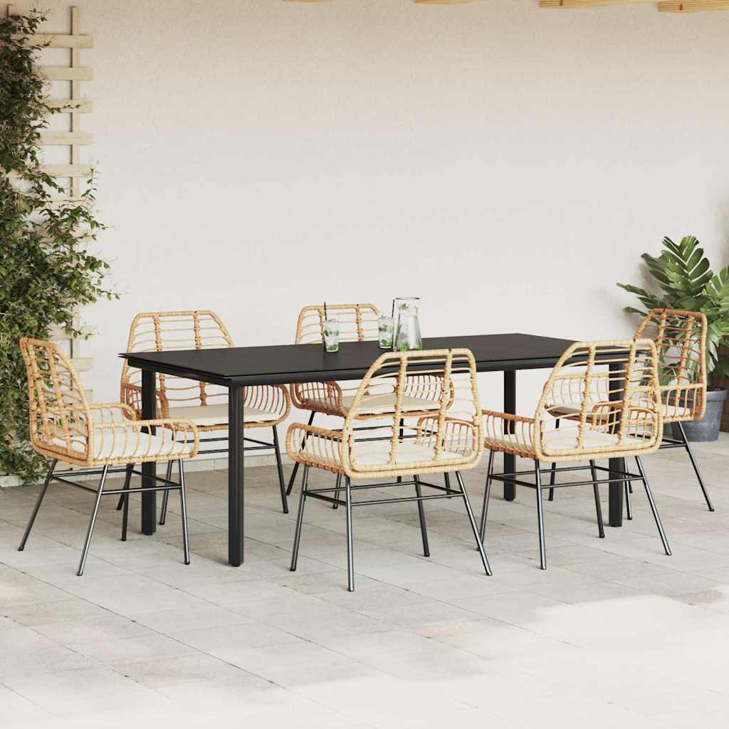 7-tlg. Garten-Essgruppe mit Kissen Braun Poly Rattan Glas