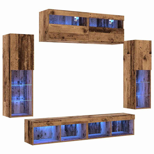 TV-Schrankset mit LED-Lichtleisten 6 pcs Altholz Holzwerkstoff